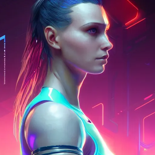 Prompt: an athletic humanoid girl, cyberpunk 2070, synthwave, highly detailed, digital painting, artstation, concept art, sharp focus, illustration, art by artgerm and greg rutkowski and alphonse mucha