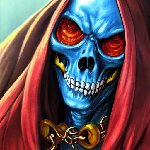 Image similar to ultra realistic portrait painting of skeletor, art by eiichiro oda, 4 k, one piece artstyle, cel shaded, highly detailed, epic lighting