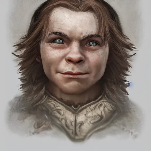 Image similar to realistic portrait of a halfling male, happy, bard, short hair, lute, intricate details, cinematic, photo, fantasy, medieval, trending on artstation, in the style of wizards of the coast