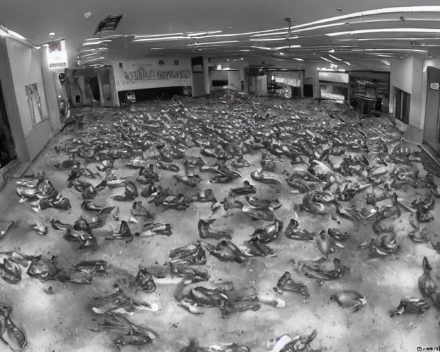 Image similar to camera footage of a Hundreds of Rabid Zerg in an abandoned shopping mall, high exposure, dark, monochrome, camera, grainy, CCTV, security camera footage, timestamp, zoomed in, fish-eye lens, Nightmare Fuel, Evil, Zerg, Brood Spreading, Hive, horrifying, lunging at camera :4