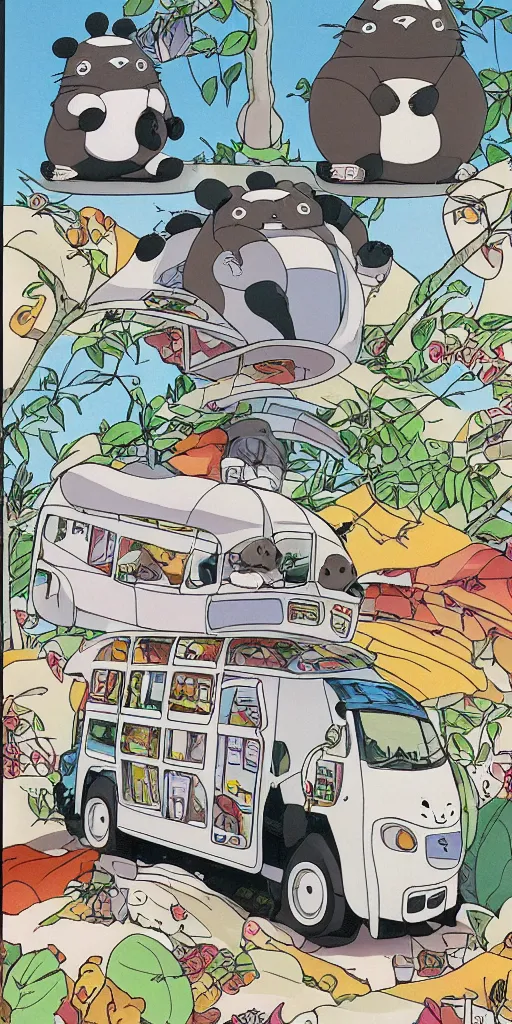 Image similar to a panda bus in like totoro, 1990s anime, full color, tarot card the chariot, highly detailed ,