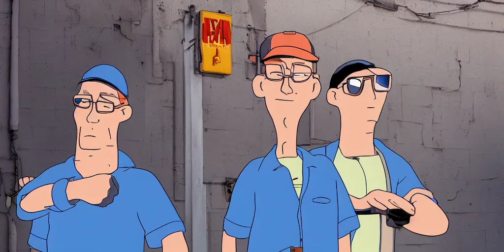 Image similar to Hank Hill and Dale Gribble standing in the alleyway, Pixar Animation style, 4K