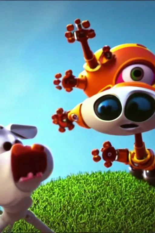 Prompt: Robot dog spins around its axis trying to bite his own tail. Pixar Disney 4K render 3d funny animation movie Oscar winning