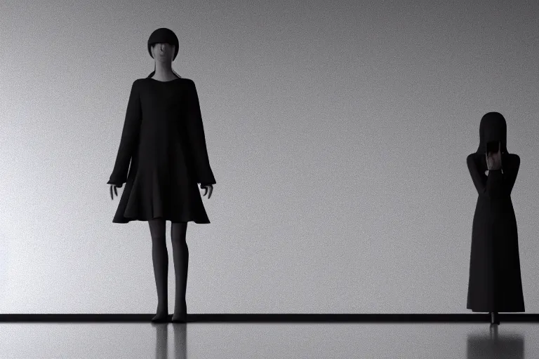 Prompt: a creepy woman wearing all black, standing in a dark, eerie room, melancholic, dreary, sinister, 3D render,