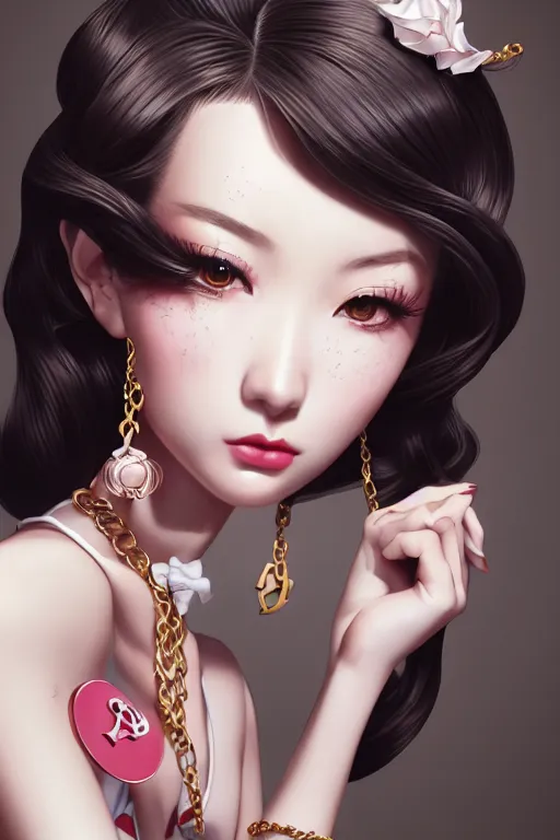 Image similar to a pin up and beautiful fashion dreamlke japan girl with lv jewelry, character art, art by artgerm and wlop and and ilya kuvshinov, hyperdetailed, 8 k realistic, symmetrical, frostbite 3 engine, cryengine, dof, trending on artstation, digital art, chanel, dior, fantasy background