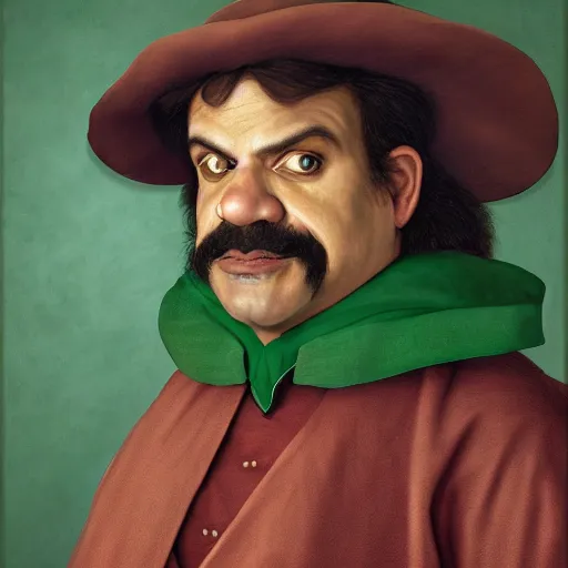 Image similar to hyper realistic, realistic - anime, portrait, beautifully rendered, italian garb, caricature, luis guzman as luigi wearing green, smirking deviously, luigi, luigi's nose, painted by jan van eyck, albrecht durer, gustave courbet, greg rutkowski, wlop, artgerm, dishonored 2,