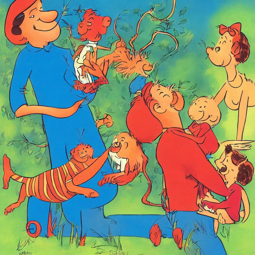 Prompt: small child swung between a mommy and a daddy at a zoo, by Dr. Seuss and Don Freeman, illustration, warm colors, award winning