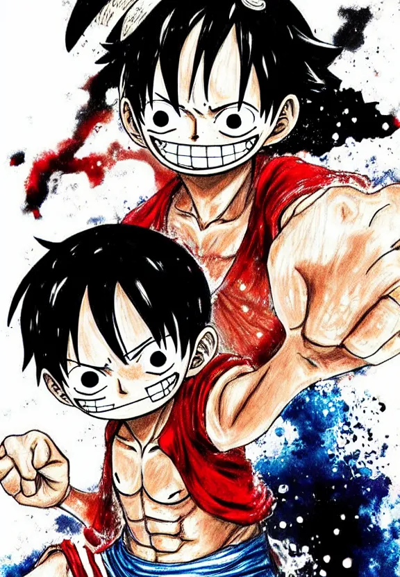 Image similar to Luffy from one piece drawn by Sakimichan!! Water particles! +++ super dynamic posing, portrait! Powerful art!