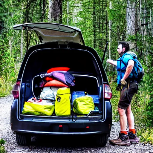 Image similar to hiker unloading the car before camping, style by fernando sawa