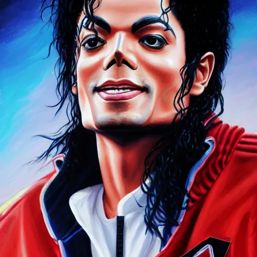 Prompt: an oil painting of a michael jackson wearing a old school highschool hiphop jacket, by artgerm, hd, hdr, ue 5, ue 6, unreal engine 5, realistic anime 3 d style, cinematic 4 k wallpaper, 8 k, ultra detailed, gta cover art, high resolution, artstation, award winning