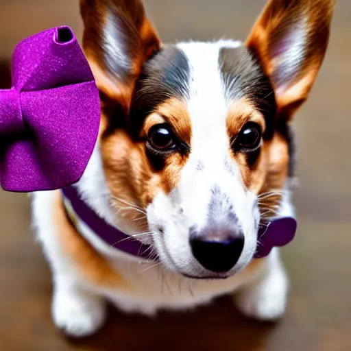 Prompt: a corgi wearing a red bowtie and purple party hat