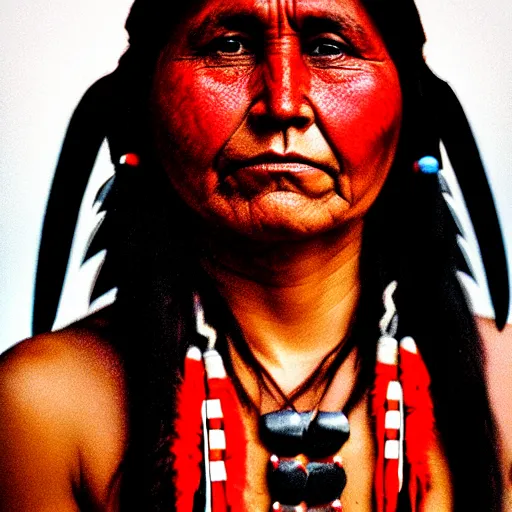 Image similar to red and black portrait of a Native American warrior woman