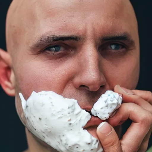 Prompt: close up photo of a bald crimean man with yoghurt on his face