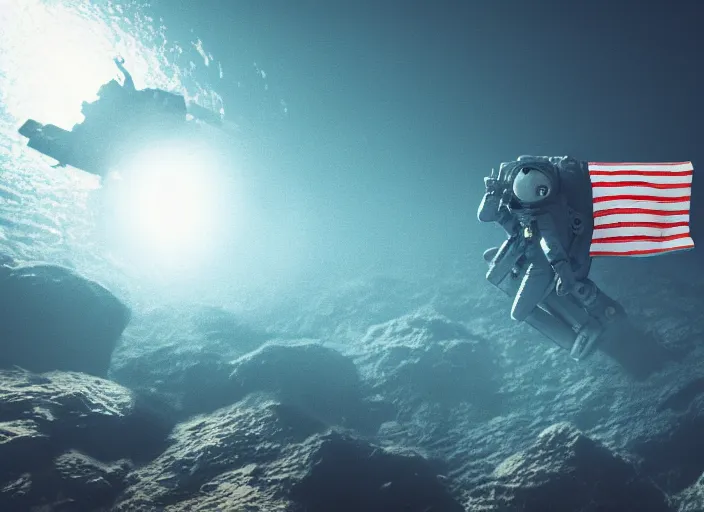 Prompt: astronaut underwater putting a flag on the bottom of the ocean. in the background, a submarine is visible. dark, cinematic, dramatic, blender, photorealistic, octane render, 8 k, volumetric lighting, trending on artstation