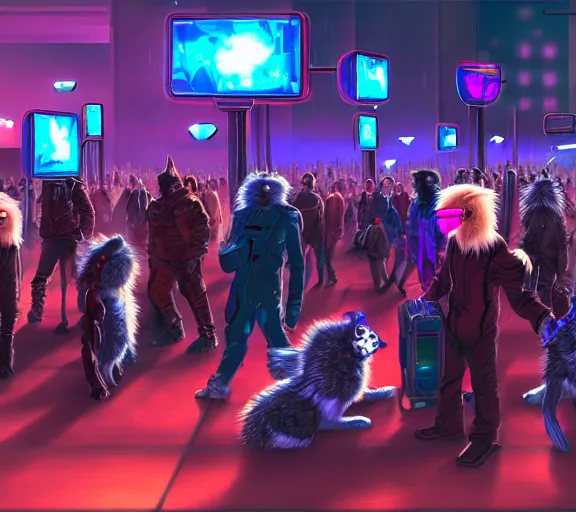 Image similar to high - resolution photograph from a cyberpunk era furry fandom convention ( midwest furfest 2 0 4 7 ), taking place after the genetic revolution and quantum singularity. photorealistic.