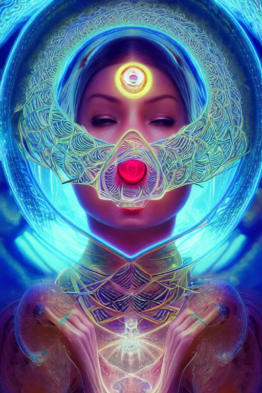 Prompt: a centered render of an alluring goddess wearing a psychedelic bio - mech mask is surrounded by a glorious sacred energy made from geometry and spiral mandel bulb fractals, powerful, cinematic, beautifully lit, by artgerm, by karol bak, 3 d, trending on artstation, octane render, 8 k