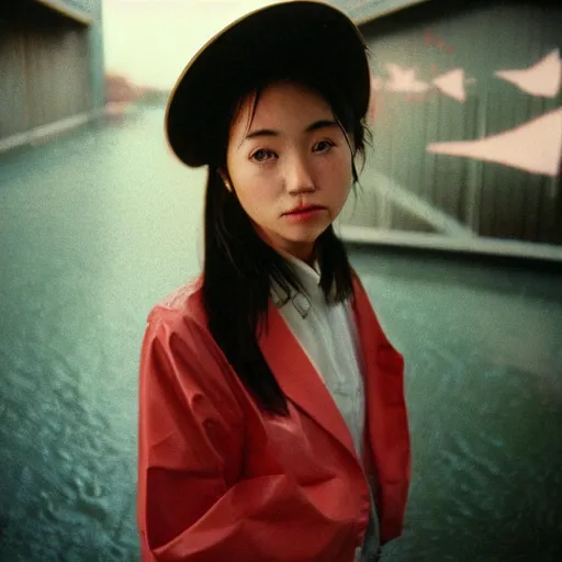 Image similar to 1990s perfect 8K HD professional cinematic photo of close-up japanese schoolgirl posing in dystopian hangar, at evening during rain, at instagram, Behance, Adobe Lightroom, with instagram filters, depth of field, taken with polaroid kodak portra