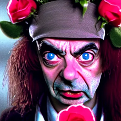 Image similar to mr. bean as axel rose from guns n roses. movie still. cinematic lighting.