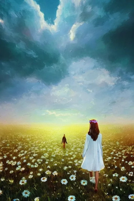 Image similar to white daisy flowers as head veil, girl walking in a flower field, surreal photography, sunrise, dramatic light, impressionist painting, colorful clouds, digital painting, artstation, simon stalenhag