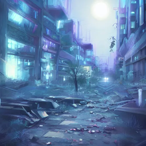 Image similar to digital art of abandoned overgrown city at night, artstation, colorful