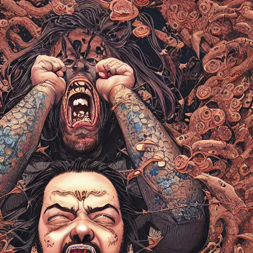 Image similar to portrait of crazy post malone melting, screaming, symmetrical, by yoichi hatakenaka, masamune shirow, josan gonzales and dan mumford, ayami kojima, takato yamamoto, barclay shaw, karol bak, yukito kishiro