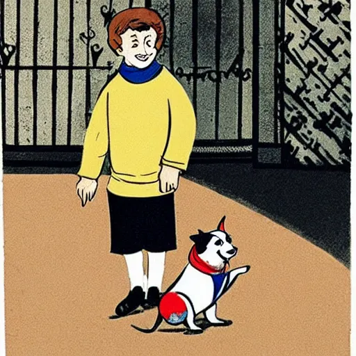 Image similar to book illustration of a french boy on the streets of paris playing football against a corgi, the dog is wearing a polka dot scarf, 1 9 6 6