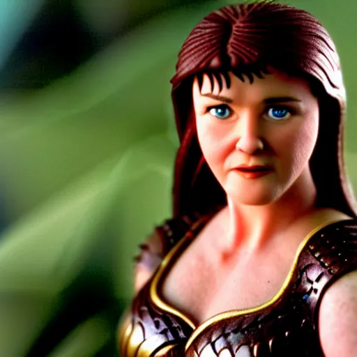 Prompt: a cinematic film still of a claymation stop motion film starring young lucy lawless as xena warrior princess holding giant ring, brunette hair, shallow depth of field, 8 0 mm, f 1. 8