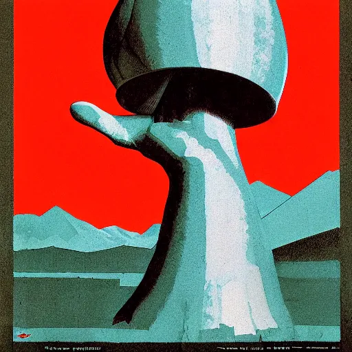 Image similar to psilocybin mushroom, soviet propaganda poster