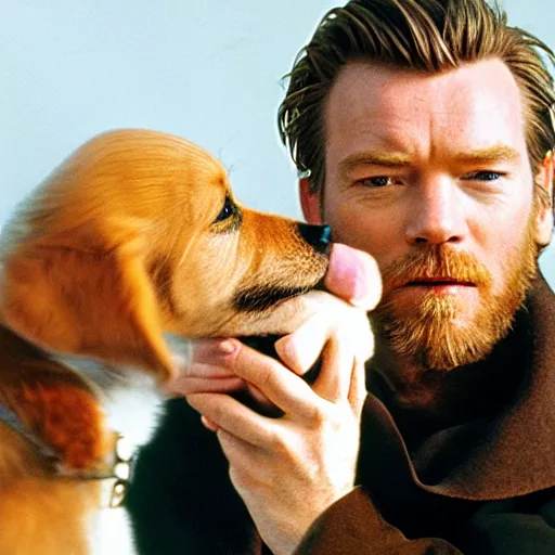 Prompt: ewan mcgregor as obi - wan kenobi petting a puppy, spontaneous portrait, rule of thirds, perfect fact