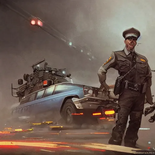 Prompt: a highly detailed epic cinematic concept art CG render digital painting artwork costume design: dieselpunk Soviet 1980s police patrol car. By Greg Rutkowski, Ilya Kuvshinov, WLOP, Stanley Artgerm Lau, Ruan Jia and Fenghua Zhong, trending on ArtStation, subtle muted cinematic colors, made in Maya, Blender and Photoshop, octane render, excellent composition, cinematic atmosphere, dynamic dramatic cinematic lighting, precise correct anatomy, aesthetic, very inspirational, arthouse