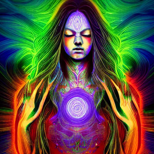 Prompt: Detailed, Electromagnetic Field DMT LSD, Beautiful Woman in Flowing Robe with Very Long Hair Meditating, realistic, high resolution, detailed reflection, detailed lighting, vivid ultraviolet colors, by Nixeu, by Hannes Bok, by Cameron Gray