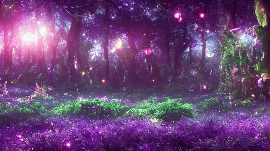 Prompt: beautiful lush magic charmlands mana forest, night sky with dazzling stars, purple grass and foliage, fairies, fireflies, bokeh, octane render, unreal engine, raytracing, crystallized, intricate, hyper detailed, light rays
