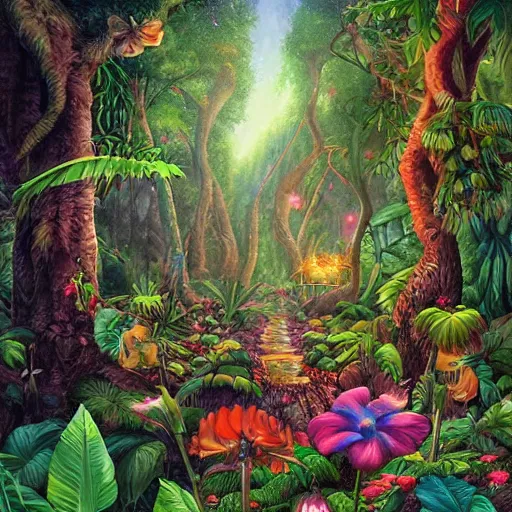 Image similar to an enchanted forest full of tropical flowers and fireflies, by joe jusko, trend in artstation