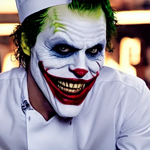 Prompt: cinematic shot of the joker wearing a chef's hat and a white shirt, 8 k, very intricate, very detailed,