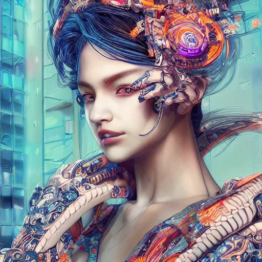 Image similar to the portrait of an absurdly beautiful, graceful, elegant, sophisticated, fashionable cyberpunk gravure idol, an ultrafine hyperdetailed illustration by kim jung gi, irakli nadar, intricate linework, bright colors, collage, porcelain skin, unreal engine 5 highly rendered, global illumination, radiant light, detailed and intricate environment