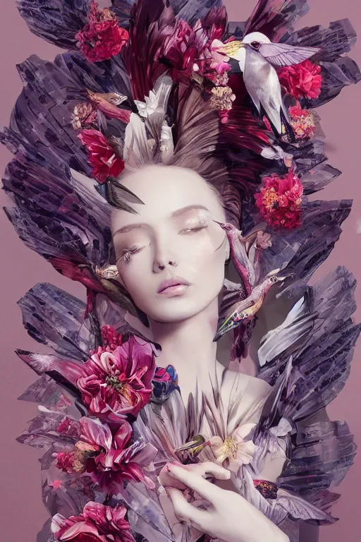 Prompt: full length fashion illustration of a beautiful girl wearing an origami dress, eye - level medium shot, fine floral ornaments in cloth and hair, hummingbirds, elegant, by eiko ishioka, givenchy, by peter mohrbacher, centered, fresh colors, origami, fashion, detailed, serene, dreamy, vogue, japanese, reallusion character creator