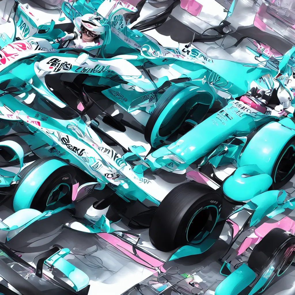 Image similar to hatsune miku driving an f 1 racecar photorealistic high resolution