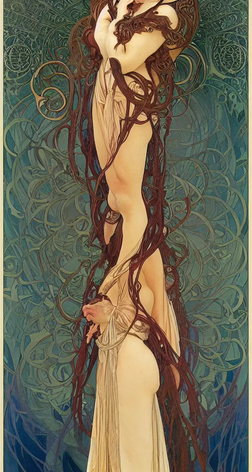 Image similar to beautiful young woman, a full body art nouveau painting of the 4K symmetrical f, ull body portrait of a by Alphonse Mucha, Michael Whelan and Donato Giancola. colorfoul, digital art, fine art with subtle redshift rendering