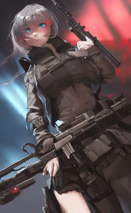 Prompt: highly detailed, high resolution, character design art, stunning, volumetric lightning, realistic guns, girls frontline style, matte, sharp focus, illustration, artstation, by kuvshinov ilya