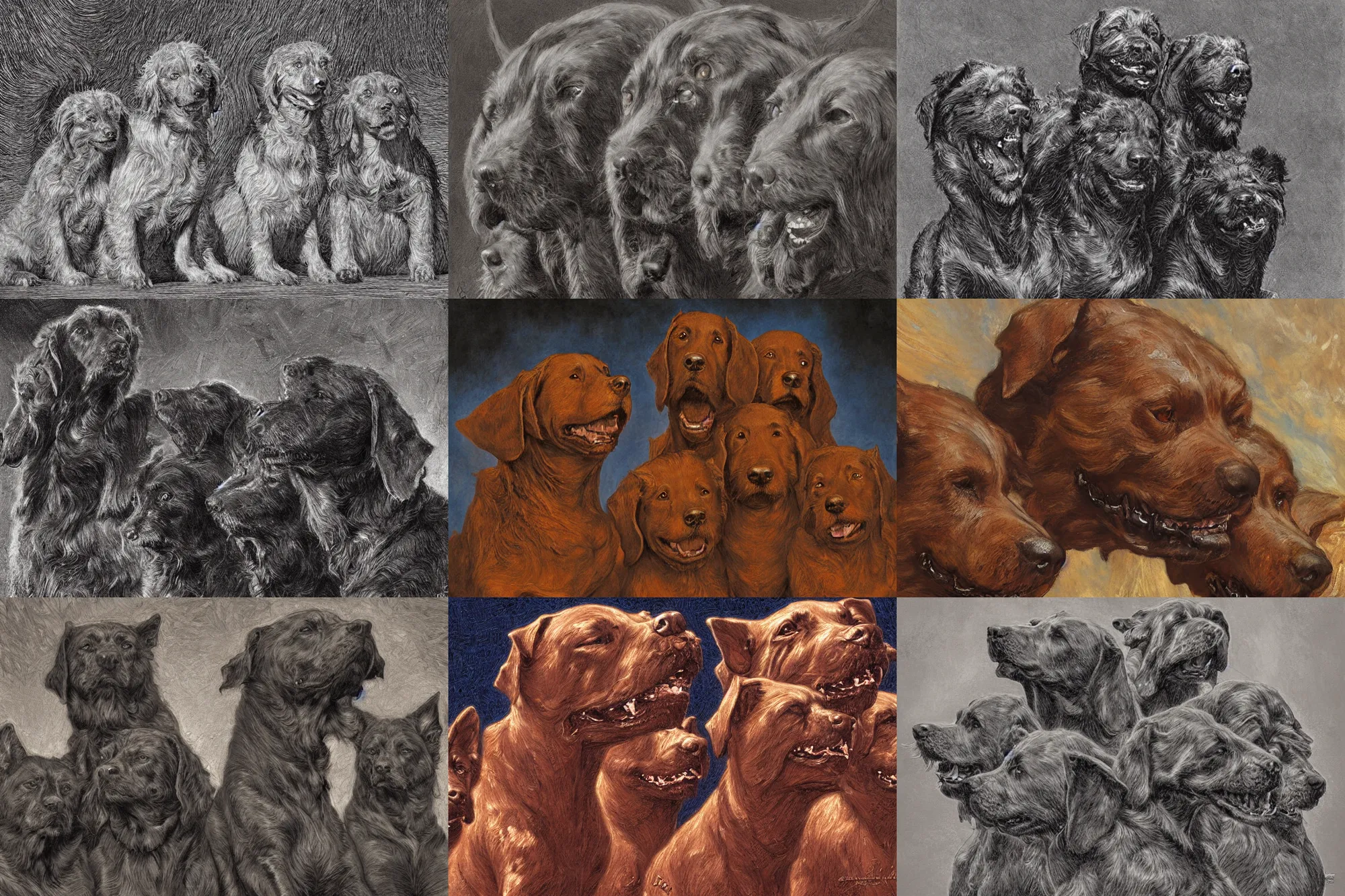 Prompt: cerberus hyperdetailed photo of a three headed dog cerberus by ed binkley, ilya repin, alex horley, johfra bosschart, craig mullins, three head one body, details