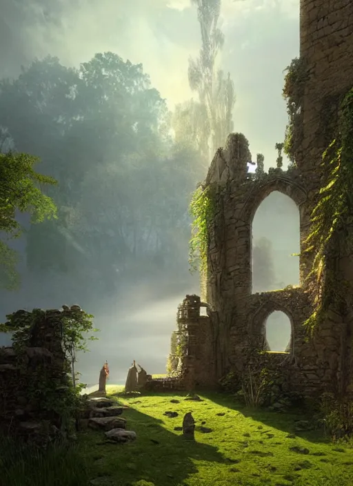 Prompt: beautiful medieval castle ruins, mist, sunrays, dust in the air, dnd character, unreal engine, octane render, dramatic lighting, pond, digital art, by stanley artgerm lau, greg rutkowski, thomas kindkade, alphonse mucha, loish, norman rockwell,