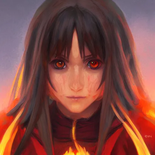Image similar to megumin from konosuba as a realistic fantasy d & d fire mage, close - up portrait art by donato giancola and greg rutkowski, realistic face, digital art, trending on artstation, 4 k