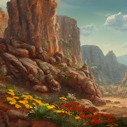 Prompt: a matte painting of the wild west, patchy flowers and rocks, oil painting, pale colors, high detail, 8 k, wide angle, trending on artstation,