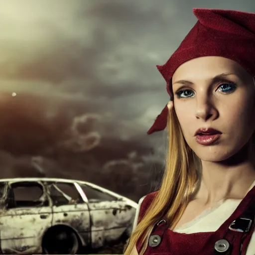 Image similar to a skinny female high-fantasy elf with a long face narrow chin and spiky blonde hair wearing dark brown overalls and holding a bomb next to a destroyed car, gel spiked blond hair, small ears, narrow lips, high resolution film still, HDR color