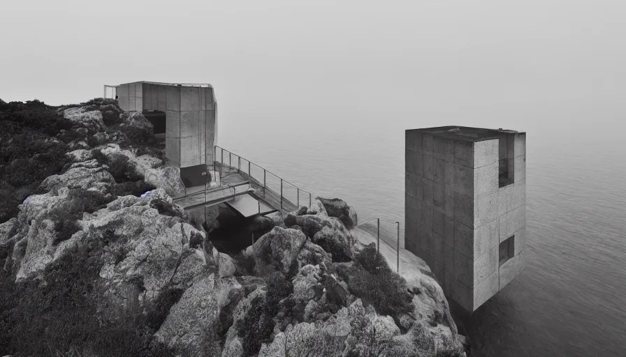 Image similar to brutalist base perched on a cliff overlooking a magnificient bay, drawing architecture, fog horizon, pixar lighting, pritzker architecture prize, greig fraser