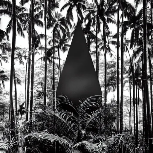 Image similar to lost film footage of a sacred modernist totem in the middle of the tropical jungle / film still / cinematic / enhanced / 1 9 2 0 s / black and white / grain