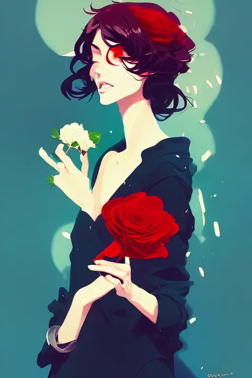 Image similar to a ultradetailed beautiful panting of a stylish woman holding a rose, by conrad roset, greg rutkowski and makoto shinkai, trending on artstation