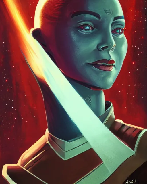 Prompt: Portrait photo of an Asari from Mass Effect as a Starfleet officer by Paul Lehr