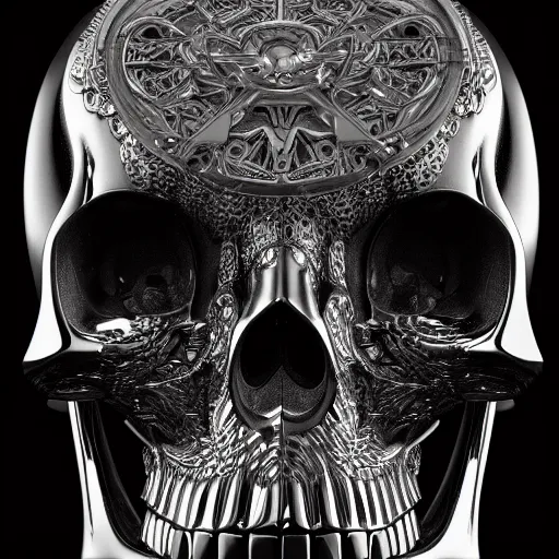 Image similar to portrait of a chrome carved skull. highly detailed. intricate artwork. by Tooth Wu, wlop, beeple, dan mumford. octane render, trending on artstation, greg rutkowski very coherent symmetrical artwork. cinematic, hyper realism, high detail, octane render, 8k, depth of field, bokeh. dripping mirror