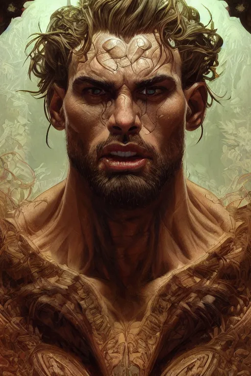 Image similar to portrait of gigachad as a hulking herculean demon, forest, godlike, full body, fantasy, intricate, elegant, highly detailed, digital painting, artstation, concept art, sharp focus, illustration, art by artgerm and greg rutkowski and alphonse mucha